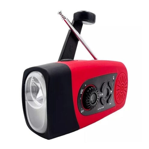 Röd nödradio med vev och solceller och 2000 mAh Powerbank.