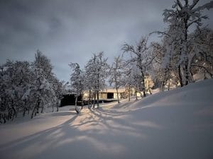 En snötäckt trästuga omringad av vitklädda träd efter en snöstorm.