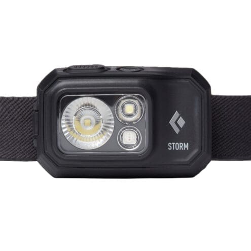 Uppladdningsbar pannlampa med rött ljus från Black Diamond Storm 450.