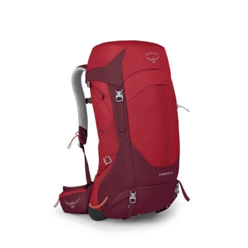 Osprey Stratos 36 i två röda nyanser är en bekväm ventilerad ryggsäck.