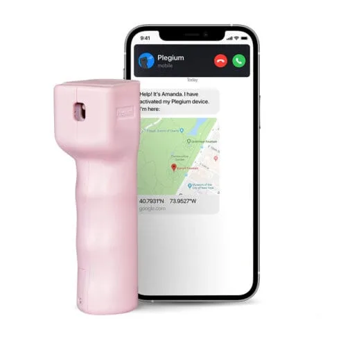 Rosa överfallsspray från Plegium Smart Mini med samtal till anhörig.