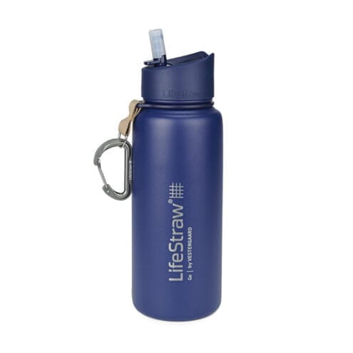 Tålig stålflaska från LifeStraw Go Stainless Steel i färgen blå.