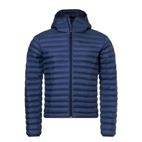 Blå täckjacka för herr från Echo Featherless Hoody med isolerande huva.