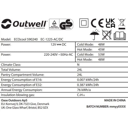 specifikationer på Outwell ECOcool Slate Grey 24 liter 12V kylbox