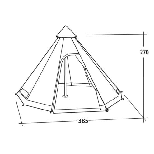 Ritning med mått av Easy Camp Moonlight Tipi – tipitält framsida.