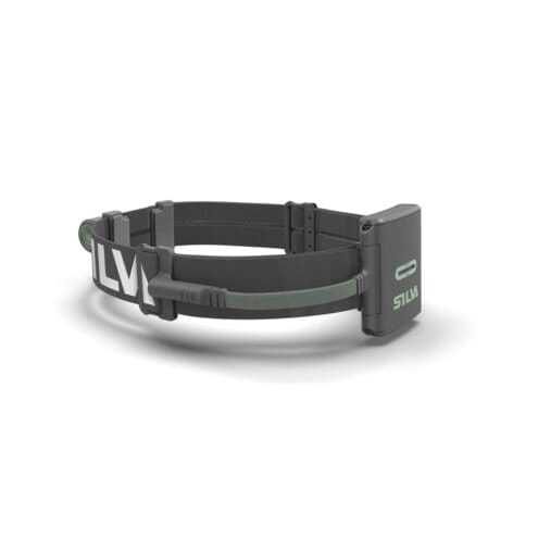 Ett grått huvudband med batteri påkopplat till Silva Trail runner Free 2 Hybrid pannlampa