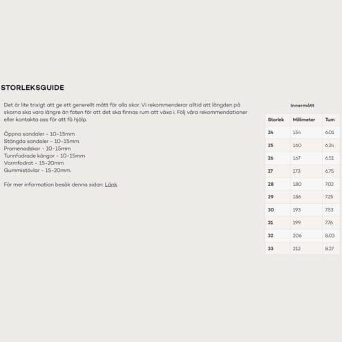 Storleksguide till Maskinstvättbara Kavat Skene TX tygskor (barn)