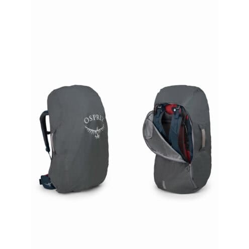 en stängd och en öppen Osprey Farpoint Trek 55L vandrings och reseryggsäck (herr)