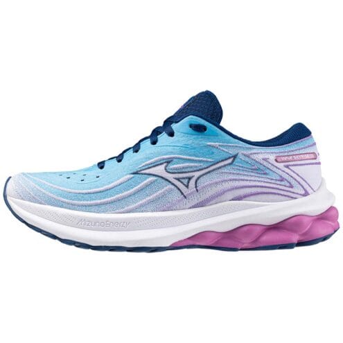 utsida av profil på stabil och stötdämpande Mizuno Wave Skyrise 5 löparskor (dam)